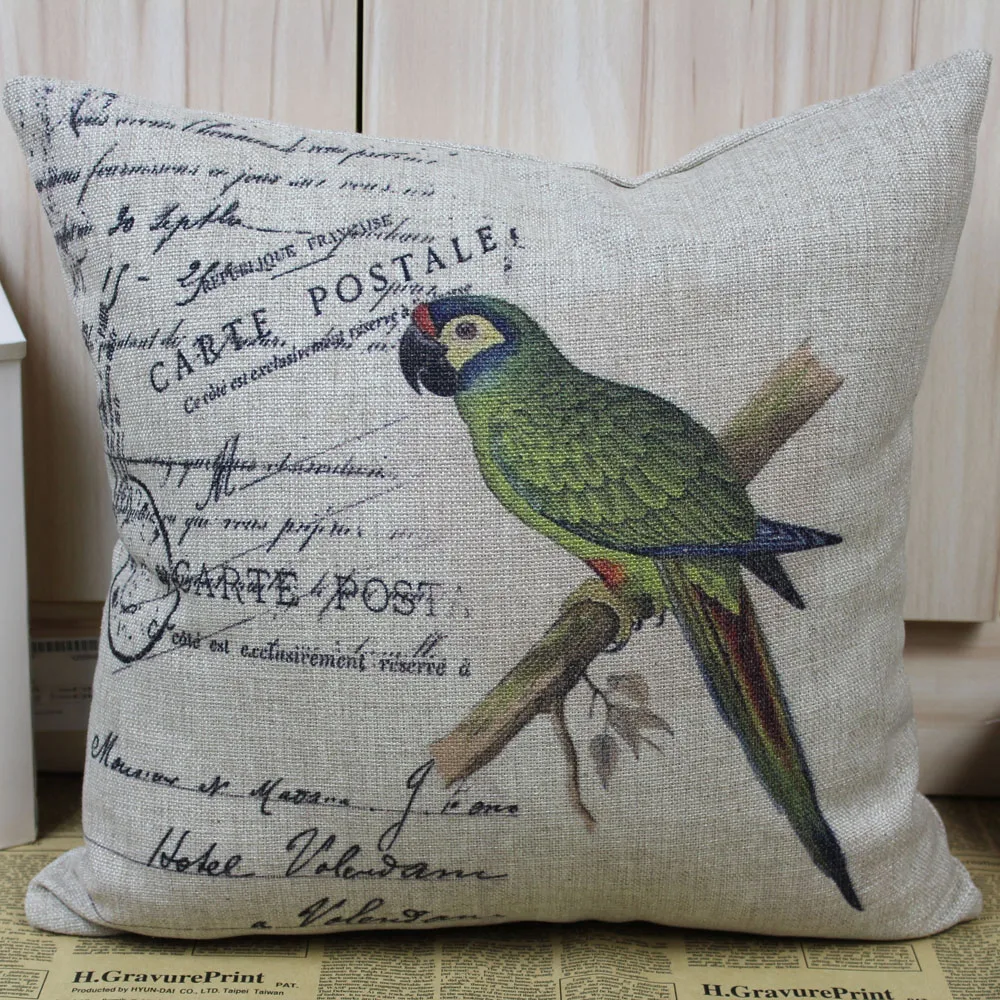 LINKWELL Home Decorative Linen Fabric Green Parrot with Postcard