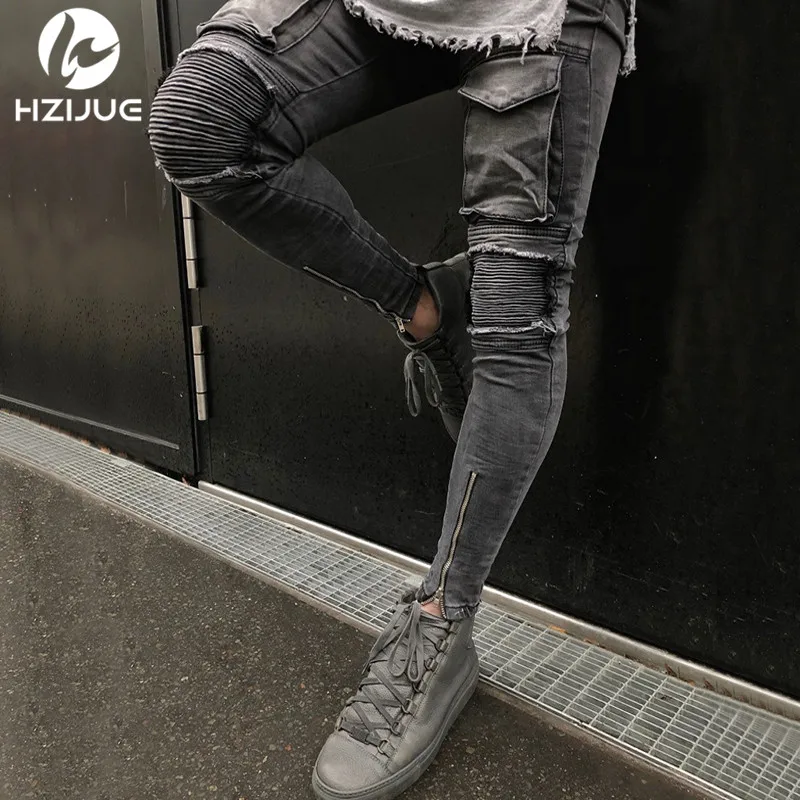 

HZIJUE 2018 Hot Men Knee Eversion Ripped Big Hole Men Jeans Streetwear Skateboard Straight Pants Man Casual Elastic Jeans