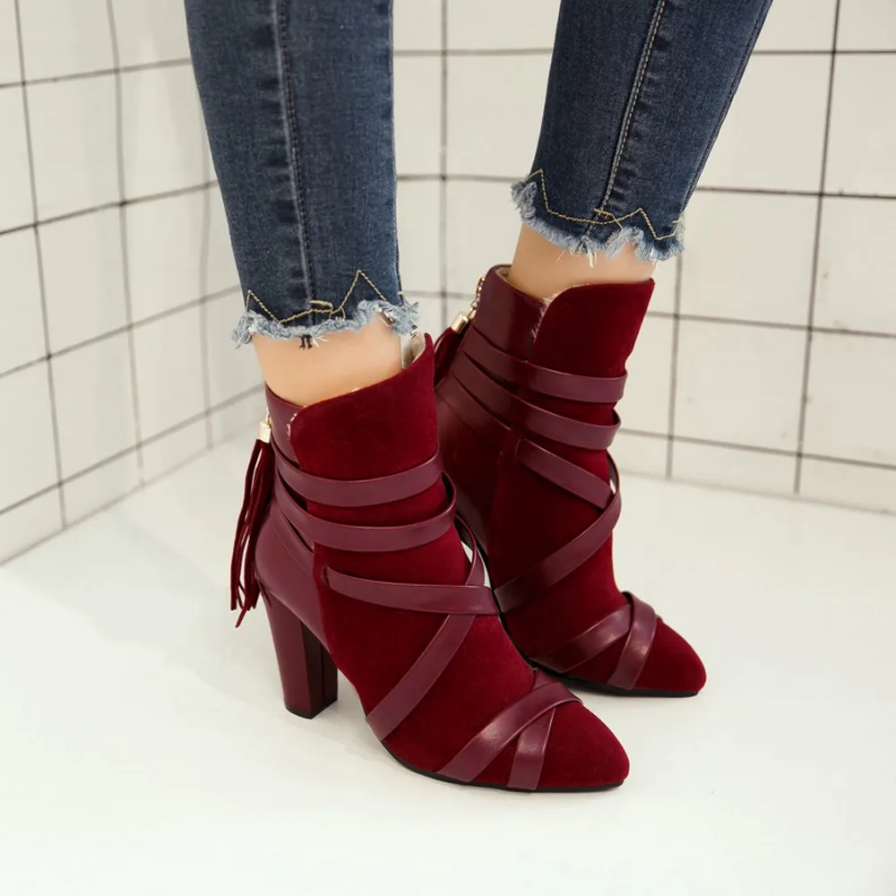 

shoes woman TasselSolid Color Scrub High Heel Non-Slip Pointed Toe Martin Boot botines mujer #20180926