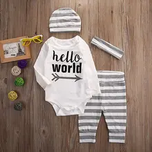 4PCS Set Newborn Infant Baby Girls Boys “Hello World ” Long Sleeve Striped Romper + Pants + Hat + Headband Clothes Outfits Set