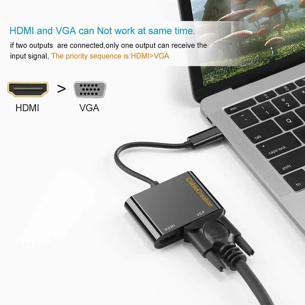 Адаптер USB C HDMI + VGA CableCreation Type (совместимый с Thunderbolt 3) 4K совместимый Macbook Pro и т.