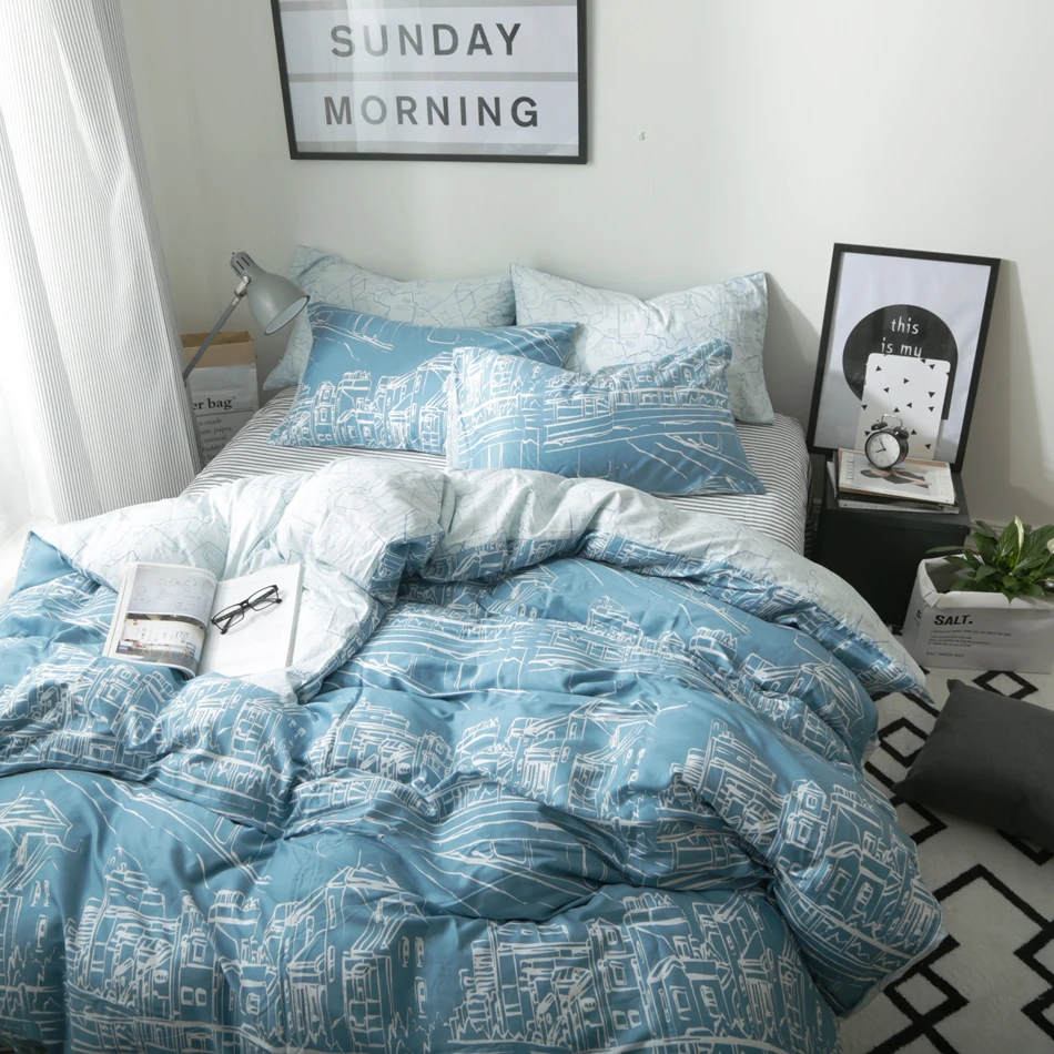 Biru Set Tempat Tidur Putih Sketsa Dicetak Katun Sederhana Dan