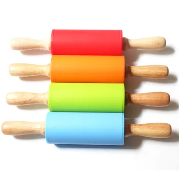 

One Piece Small Size Silicone Rolling Pin Dough Roller Wood Handle