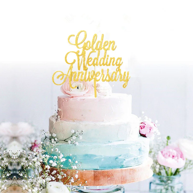 Decoration De Gateau Pour Anniversaire De Mariage Dore Pour 50 Ans A Paillettes Sur Mesure Aliexpress