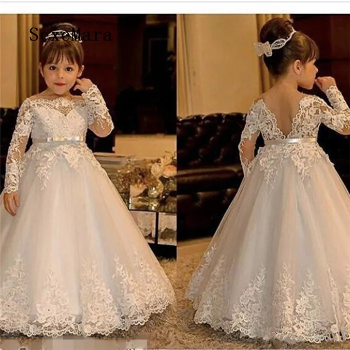 Flower Kid Girl Dress Long Sleeve Lace Tulle Princess Communion Formal Dresses