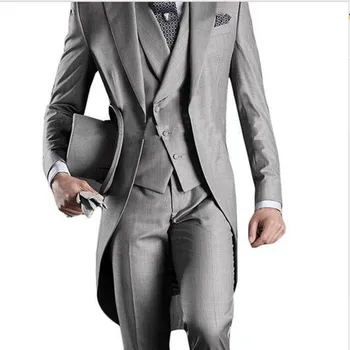 

Custom Made Men Tailcoat Gray Black White Wedding Suits 2018 Cheap Groomsmen Suits 3 Pieces Peaked Lapel Groom Wedding Men Suits