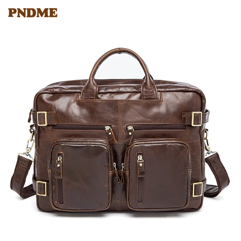 PNDME vintage leather men's briefcase large capacity shoulder Crossbody