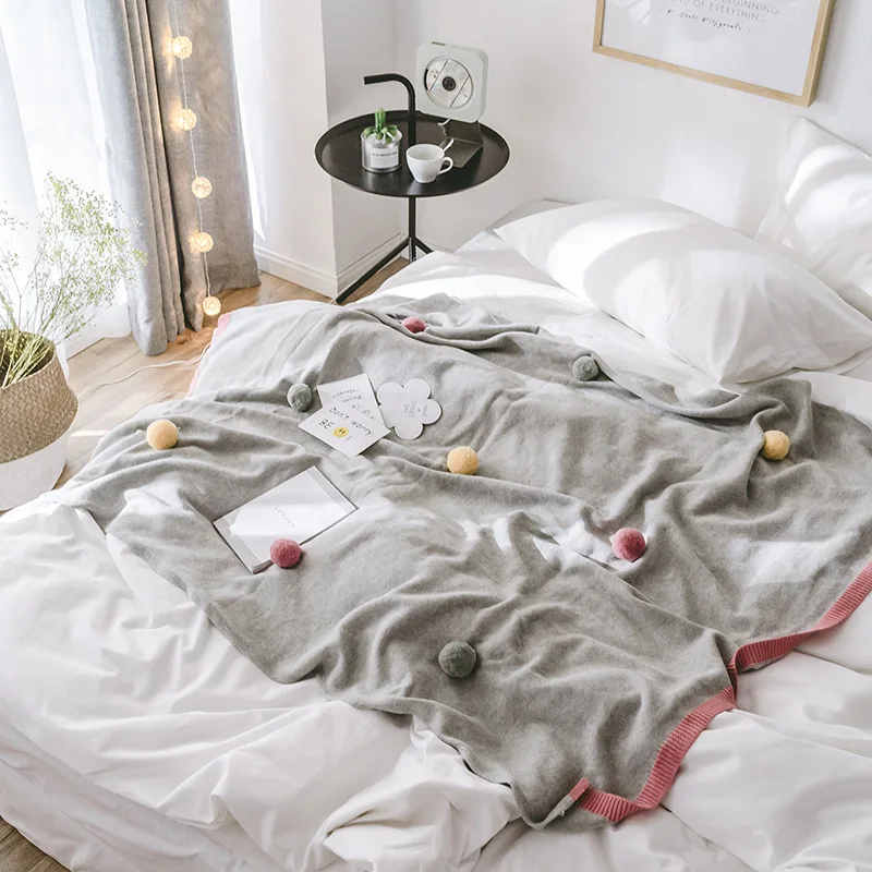 Мягкое вязаное Клетчатое одеяло с помпонами и помпонами, серое хлопковое Вязаное летнее одеяло на заказ, s для постельных принадлежностей, дивана, воздуха, 130x160 см