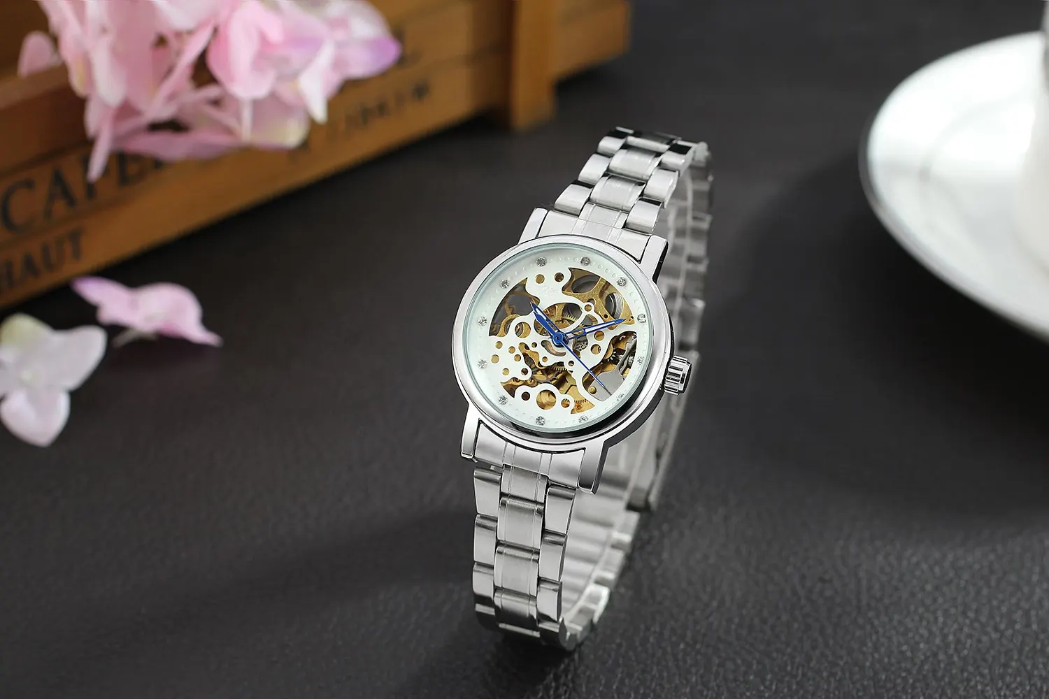 Новые модные автоматические механические часы WINNER для женщин, подарок, золотой скелет, алмазная круговая шкала, полный стальной ремешок, женские наручные часы