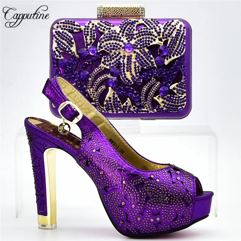 Capputine New Arrival Italian Rhinestone Shoes And Bags Set For Party Nigeria High Heels Shoes And Bag Set Size 37-42 DF-12
