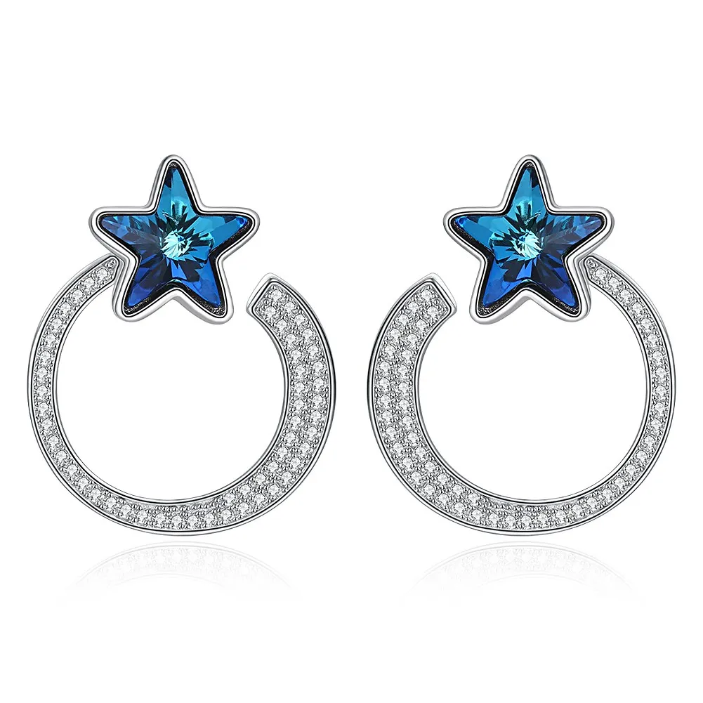 

INALIS Crystals from Swarovski Earing 925 Sterling Silver Round with Blue Star Crystal Stud Earrings For Women Party Accessories