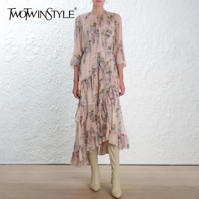 

TWOTWINSTYLE Elegant Asymmetrical Midi Print Dress Female Long Sleeve Bandage Ruffle Women's Dresses Vintage Fashion Autumn 2019