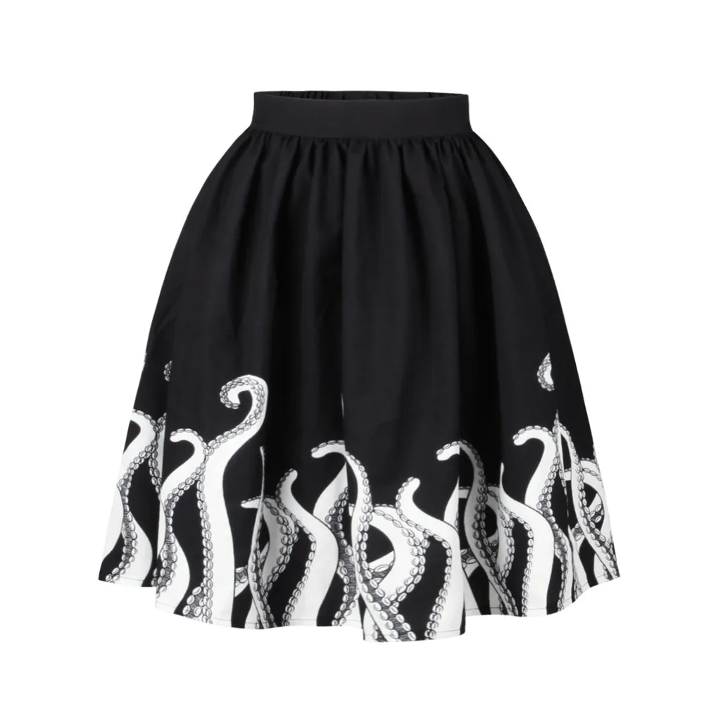 Женские Необычные летние юбки с принтом осьминога кальмара, плиссированная юбка с высокой талией, вечерние повседневные пляжные юбки до колена - Цвет: Black