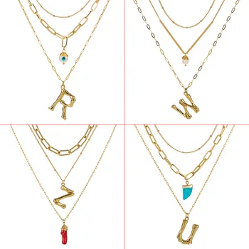 

Change Letter Big Alphabet Name A-Z Initial Pendant Necklace Women Gold Color Natural Pearl Stone Chain 2019 Fashion Long Boho