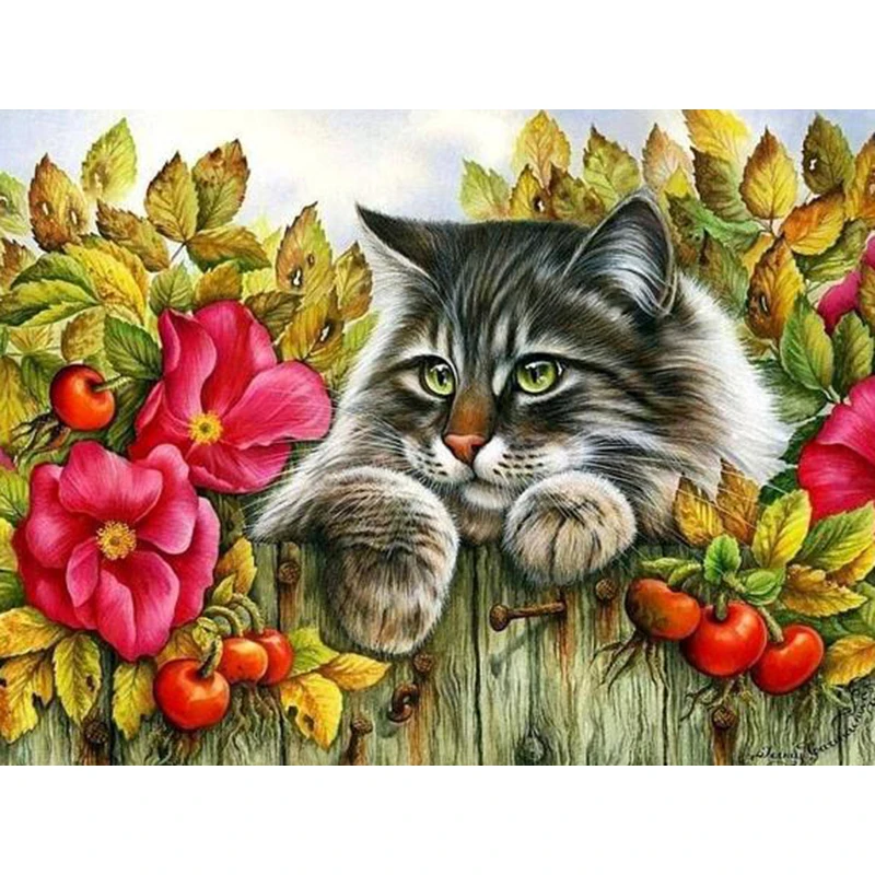 

New Handicrafts Cat On Fence 5D Diy Diamond Painting Cross Stitch Animal Diamond embroidery Mosaic European Home Decor