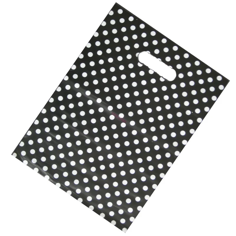 50 шт./лот, черный пластиковый подарочный пакет с круглыми точками, 25x35 см, ювелирный бутик, упаковочные пакеты, пластиковые хозяйственные сумки с ручкой