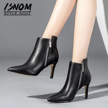 

ISNOM 2019 New Spring High Heels Women Ankle Boots Pointed Toe Footwear Leather Female Boot Fashion Office Print Shoes Woman
