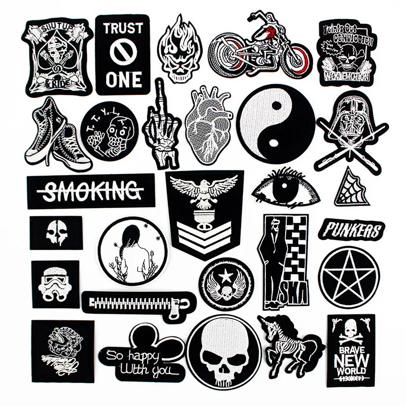 

Punk Black Clothes Patch Letters Label Iron on badges Embroidered Stickers Applique for Jacket Jeans Cloth Decoration
