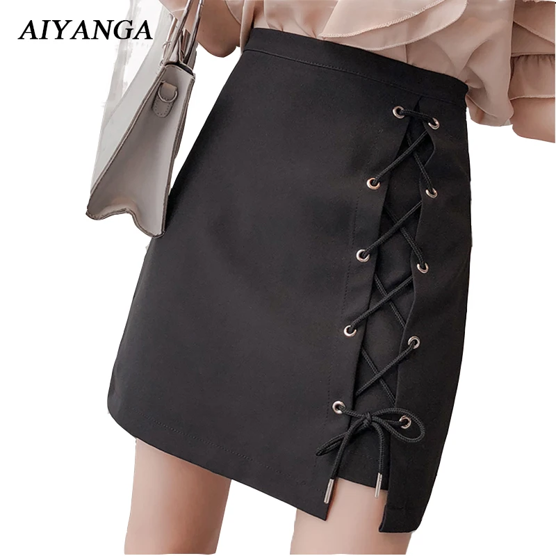 

Fashion Lace Up Skirts For Women Summer High Waist Skirts Female Slim Package hip Black Skirts 2018 Office Ladies S-2XL