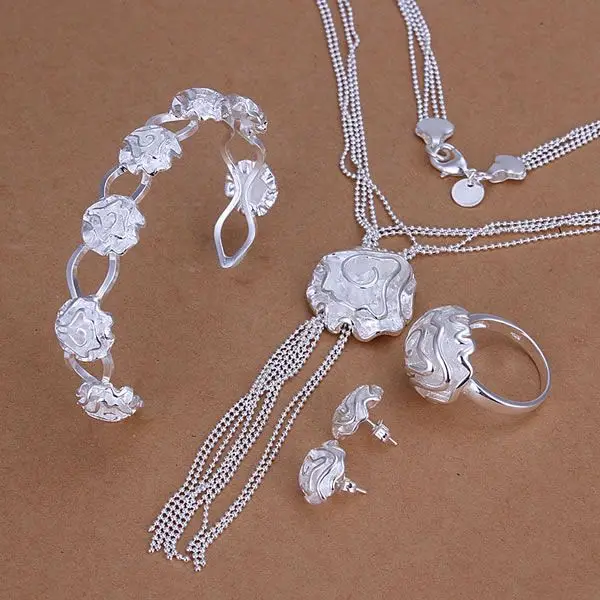 

S325 925 Hot Selling silver jewelry set, fashion jewelry set Rose Ring Stud Earrings Bangle Necklace S325 /apnajgua bbfajsma