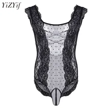 Sexy lenceria Gay Men Lingerie Bodysuit Black Sleeveless One-piece Sheer Floral Lace Sissy Pouch Crossdress Jumpsuit Nightwear