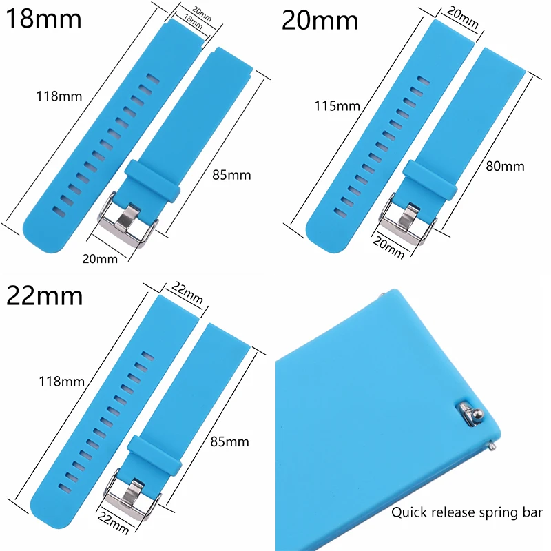 Силиконовый ремешок Ruber для часов 18 мм, 20 мм, 22 мм, 5 цветов, Ремешки для наручных часов, водонепроницаемый ремень, аксессуары для часов, быстросъемный пружинный стержень