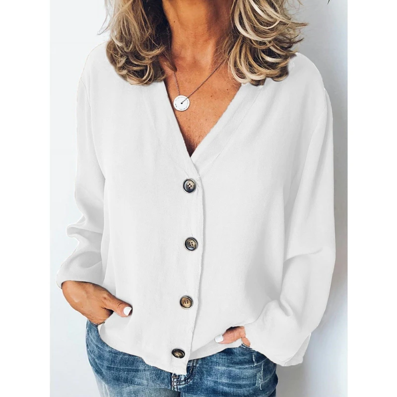 SFIT женская летняя однотонная блузка с длинным рукавом, женская рубашка на пуговицах, топ размера плюс, Повседневная Свободная блузка с v-образным вырезом и длинным рукавом - Цвет: White