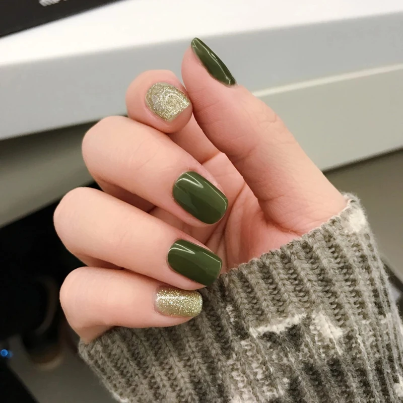 Novia shining pure color de verde de uñas postizas de acrílico lindo tamaño  consejos completas uñas uñas postizas corto Japonés señora de Uñas arte _ -  AliExpress Mobile
