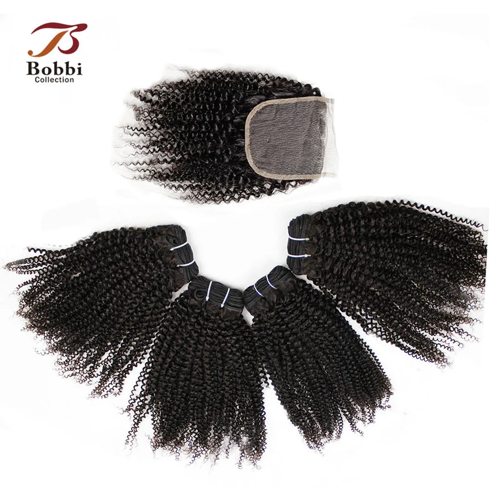 

BOBBI COLLECTION Afro Kinky Curly Human Hair Weave 3/4 Bundles With Closure Natural Color Non-Remy Brazilian Hair Extensions