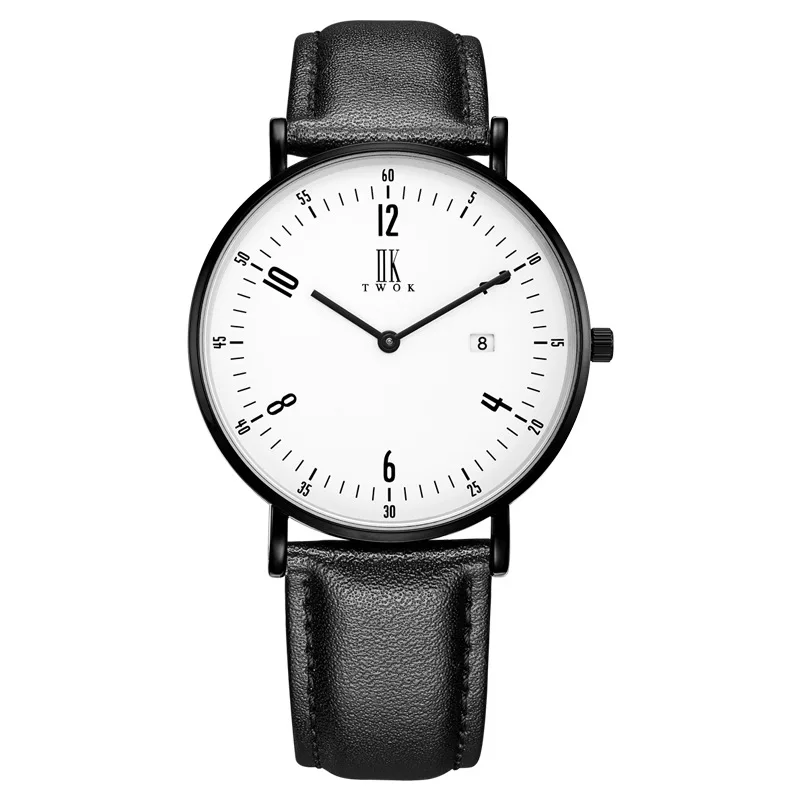 

genuine leather man IIKTWOK brand wristwatches mens business watches quartz 30m waterproof calendar black white Citizen movement