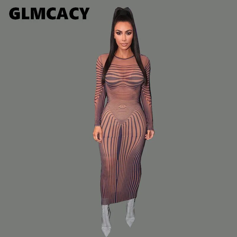 

Women Sheer Mesh See Through Bodycon Maxi Dress Sexy O Neck Long Sleeve Sheath Long Night Club Party Dresses Vestidos