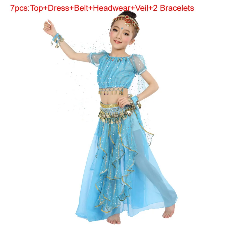 7 шт./Комплект из 3 предметов костюмы для танца живота Дети Танец живота Костюм восточного танца костюмы для танцоров одежда индийские танцевальные костюмы для детей - Цвет: Blue