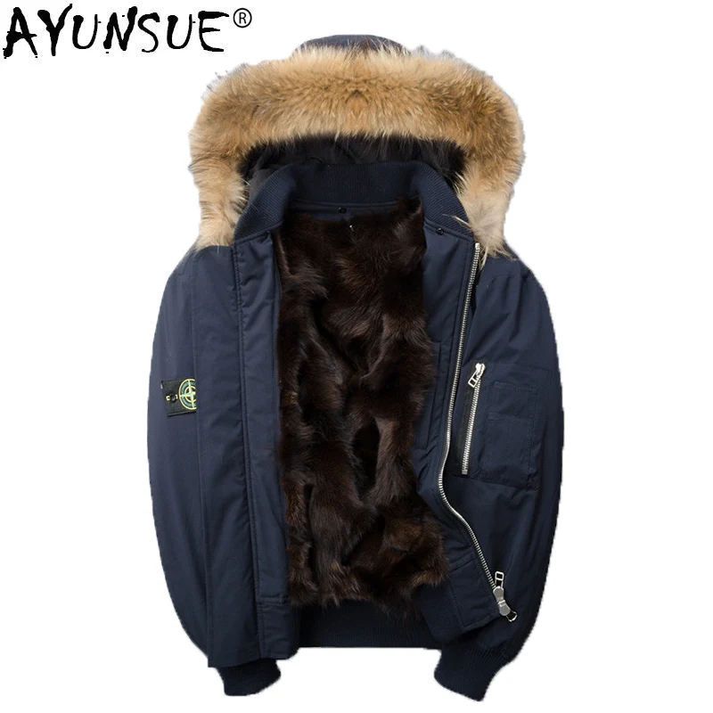 AYUNSUE Real Fox Fur Coat Men Luxury Parka Autumn Winter Jacket Men Racoon Fur Collar Plus Size 