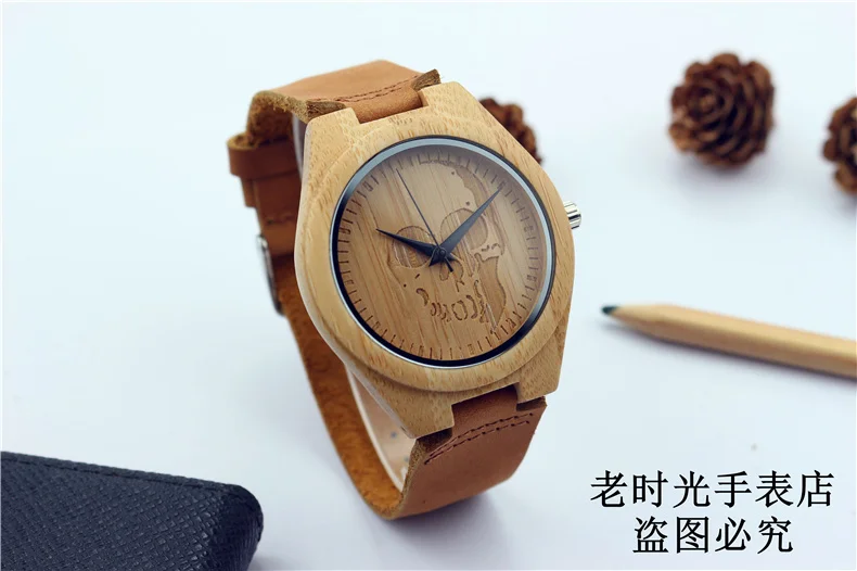 Мужские часы древесины бамбука творческий череп Готический Стиль кварцевые часы мужской часы Пояса из натуральной кожи Наручные часы Для