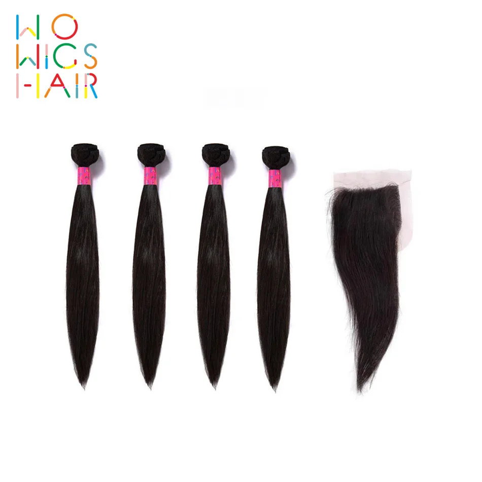 

WoWigs Hair Indian Hair Remy Hair Straight Hair 4 / 3 Bundles Deal With Top Lace Closure Natural Color 1B