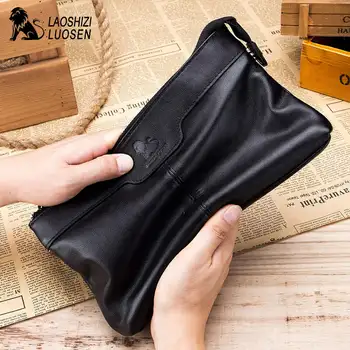 

LAOSHIZI LUOSEN Genuine Leather Men Envelope Clutch Bag for Phone Purse Male Clutch Wristbands Zipper Long Wallet Mens 2018 New