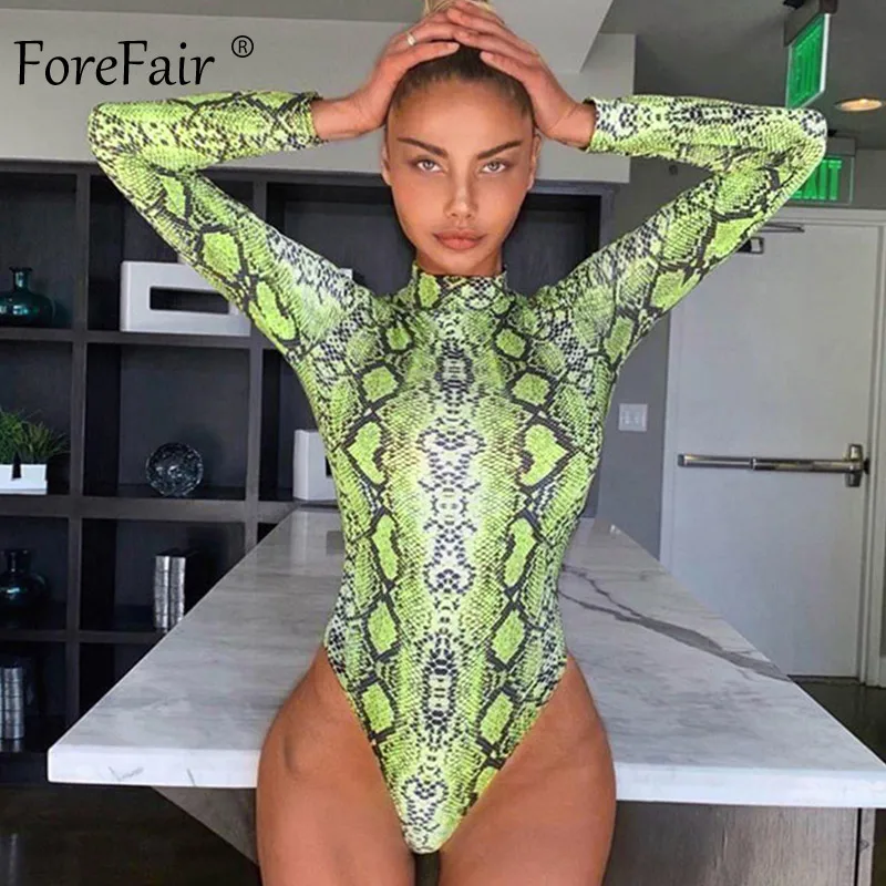Женское боди с длинным рукавом Forefair неоново зеленое облегающее змеиным принтом