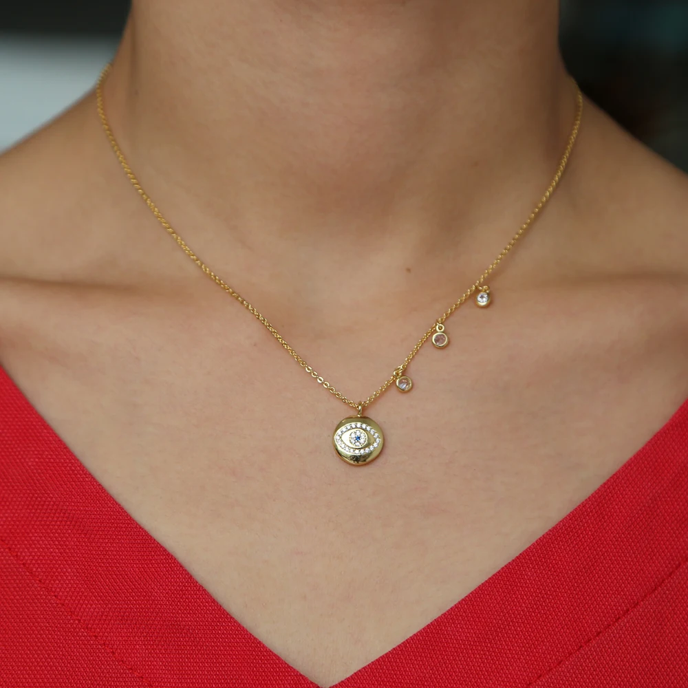 Новое модное круглое ожерелье с инкрустацией hamsa LUCKY evil eye pendent Золотое