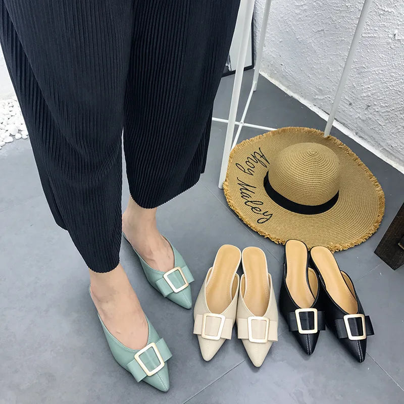 

Mules Womens Shoes Low Women's Slippers 2019 Socofy Designer Slides Cover Toe Butterfly-knot Rivet New Soft Luxury Summer
