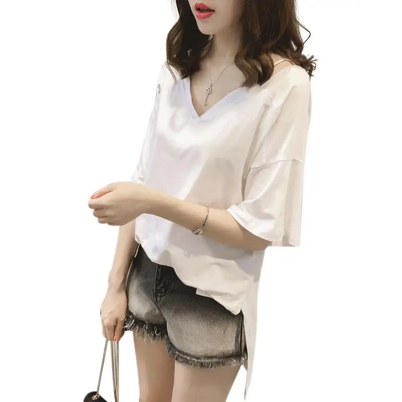 

Yfashion Summer Cotton Solid T-shirt Women Fashion Casual V Neck Shoulder Large Size Loose Short Sleeve T Shirts Tee Female