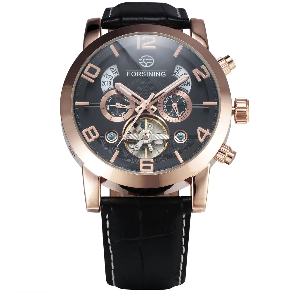 FORSINING Tourbillon, мужские часы, Топ бренд, Роскошные автоматические часы, золотой чехол, мужские часы с календарем, черные механические часы - Цвет: Серебристый