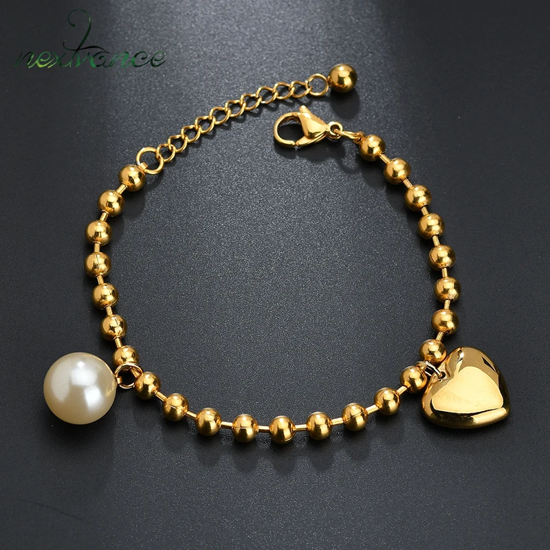 

Nextvance Stainless Steel Heart Charm Bracelet Simulated Pearl Adjust Length Beads Bracelets For Women Girlfriend Gift