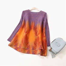 Фейерверк шаблон цифровой печати складки Женская одежда с длинными рукавами плиссированные футболки