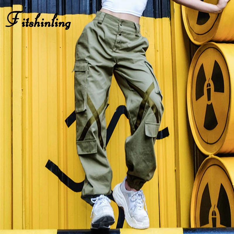 Fitshinling Harajuku уличная Женская высокая талия штаны карго карманов вверх Мода