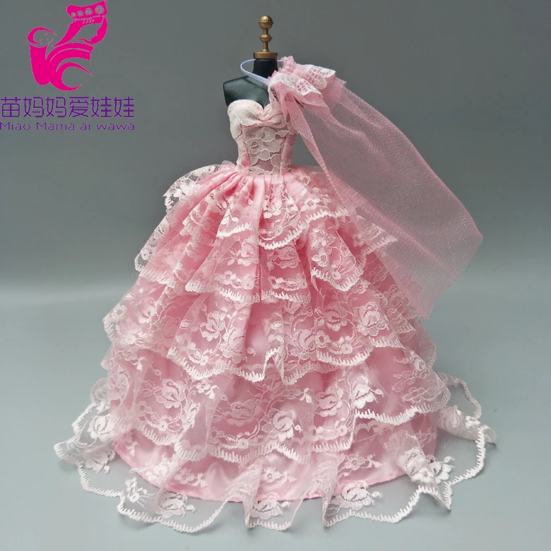 Розовое свадебное платье с вуалью для куклы Барби, платье невесты для маленьких девочек, подарки на год и день рождения