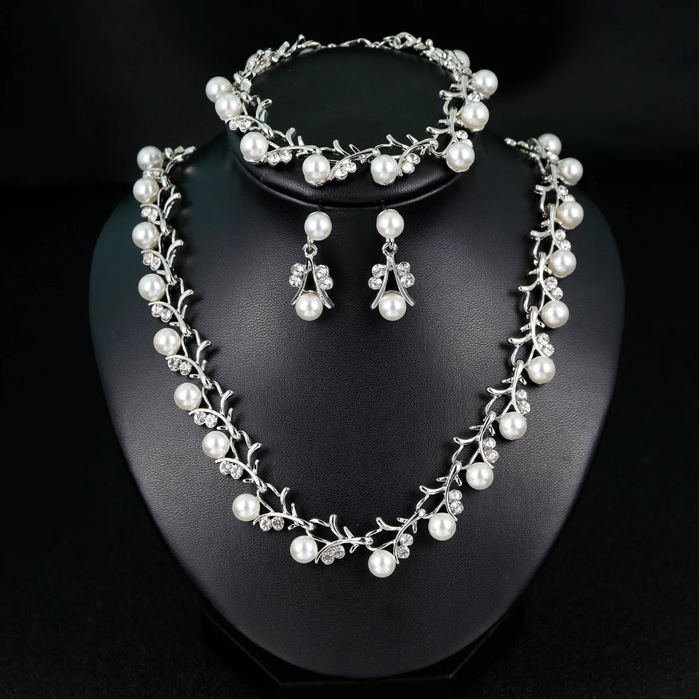 

Imitation Pearl Wedding necklace bracelet earring set Bridal jewelry set for women Elegant Party Gift Fashion Costume