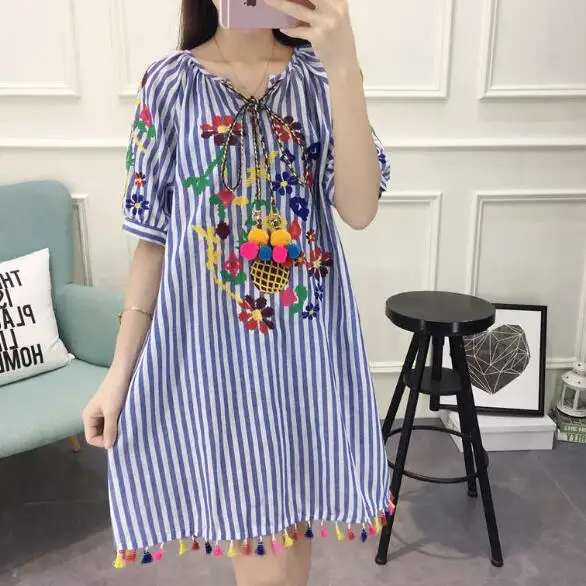 

Ethnic Embroidered Dress Summer Blue Pink Striped Vintage Dress Holiday Boho Beach A-Line Short Dress AF121