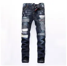 new European American Style fashion men biker jeans luxury brand blue Mens denim trousers Slim Straight Patchwork jeans for men