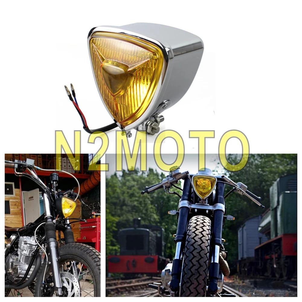 

Chrome Motorcycles Vintage Triangle Headlight H4 12V 55/60W Head Lamp for Harley Chopper Cruisers Custom with Amber Lense
