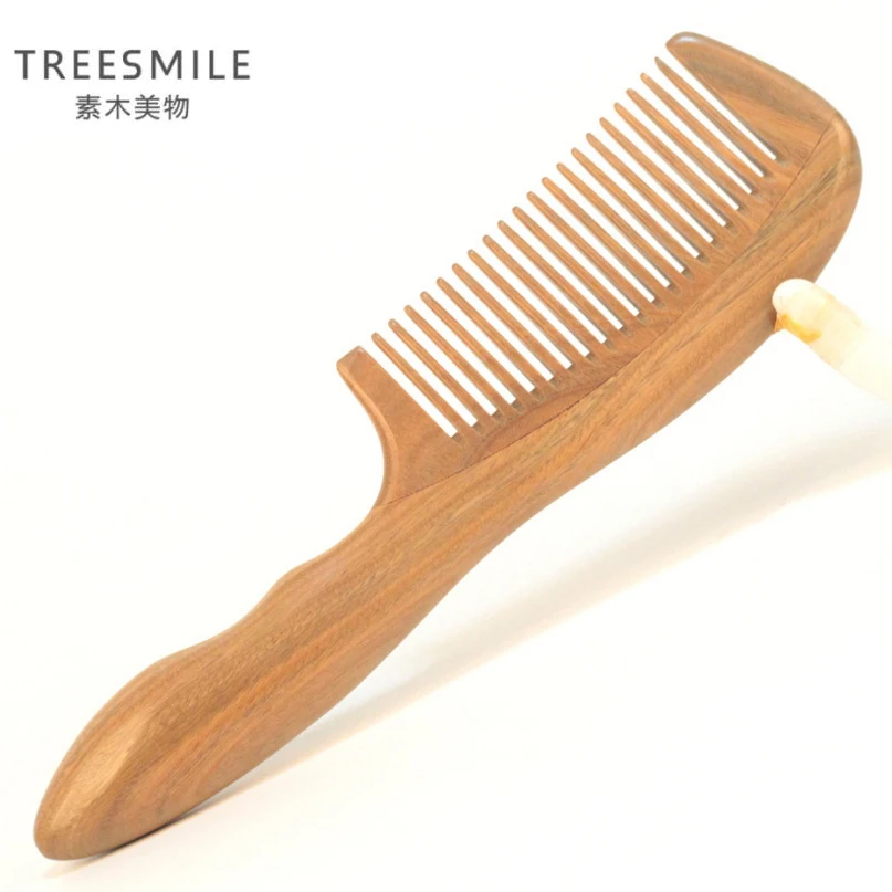 

TREESMILE 1PC natural green sandalwood anti-static hair brush hand-polished natural health head brush exquisite styling comb